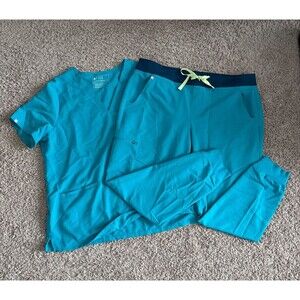 Figs Women's Sz XL Zamoa Joggers Casma Teal V Neck Top Scrub Set